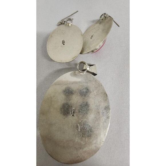 Vintage Mexico 925 Sterling Silver Block Pink Inlay Pendant Earrings Set - Picture 3 of 7